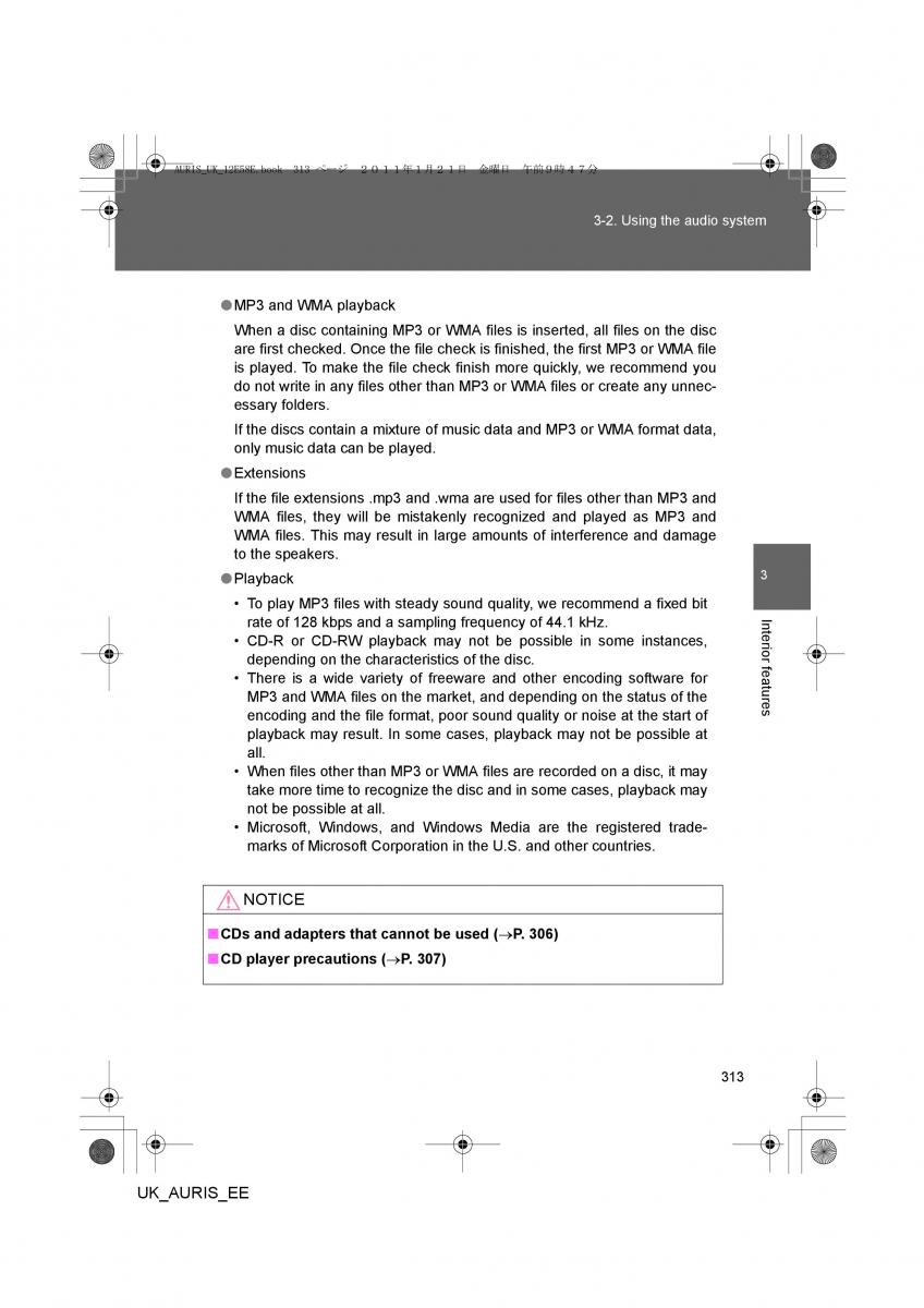 Toyota Auris I 1 owners manual / page 313