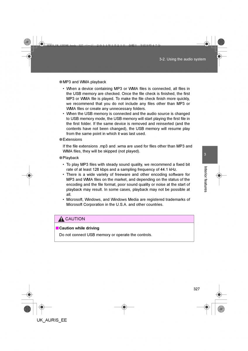 Toyota Auris I 1 owners manual / page 327