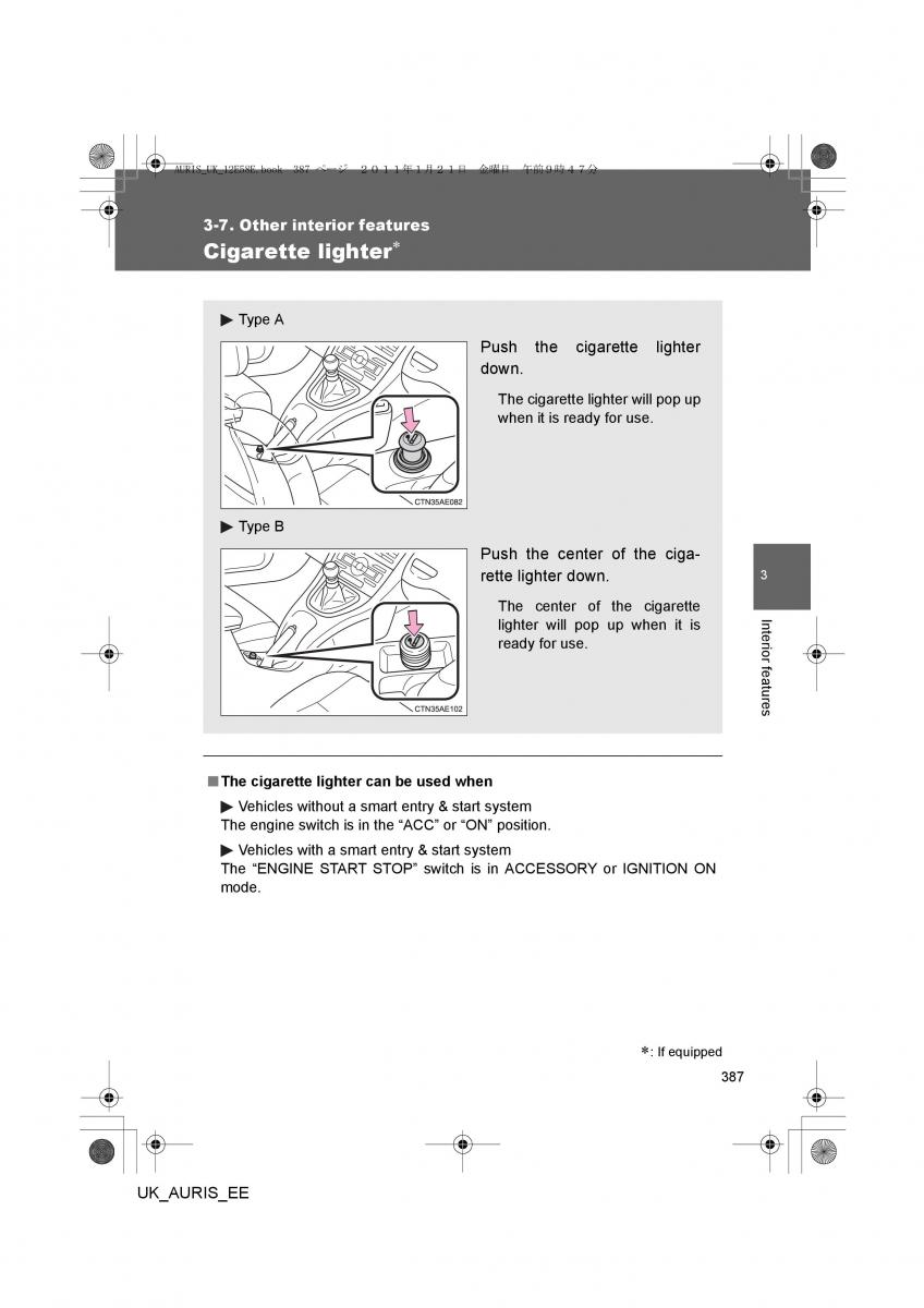 Toyota Auris I 1 owners manual / page 387