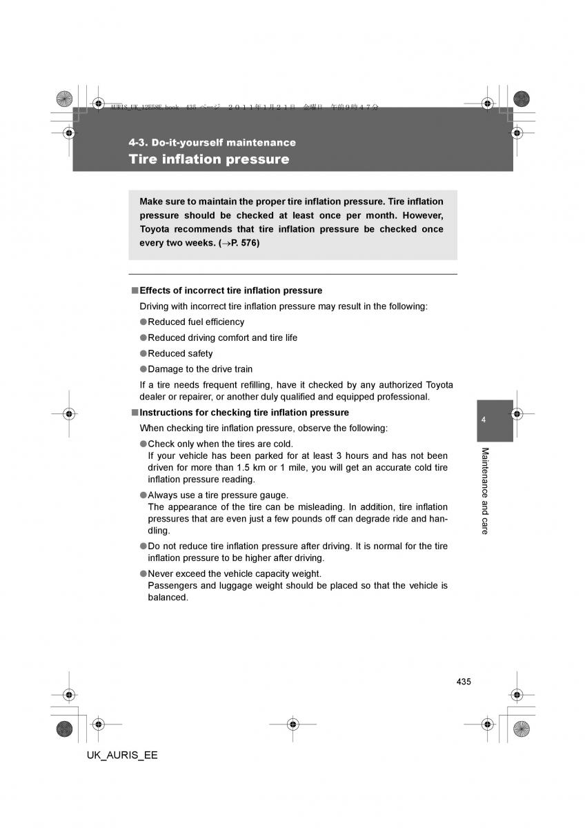 Toyota Auris I 1 owners manual / page 435