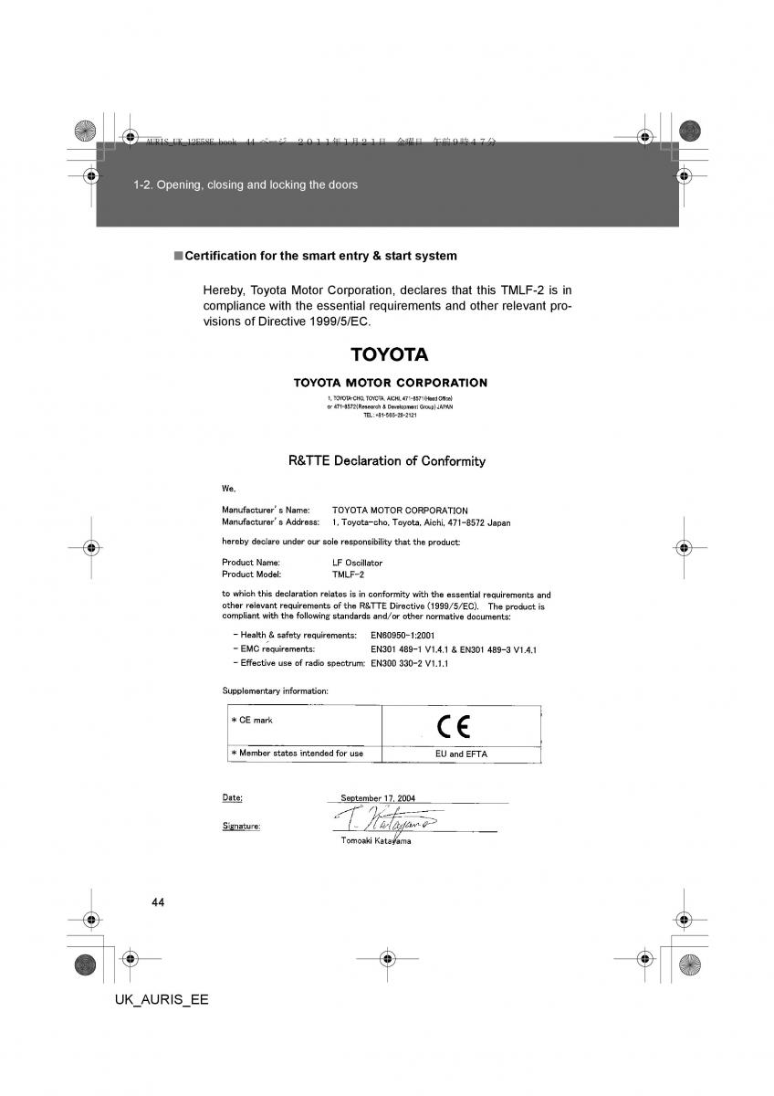 Toyota Auris I 1 owners manual / page 44