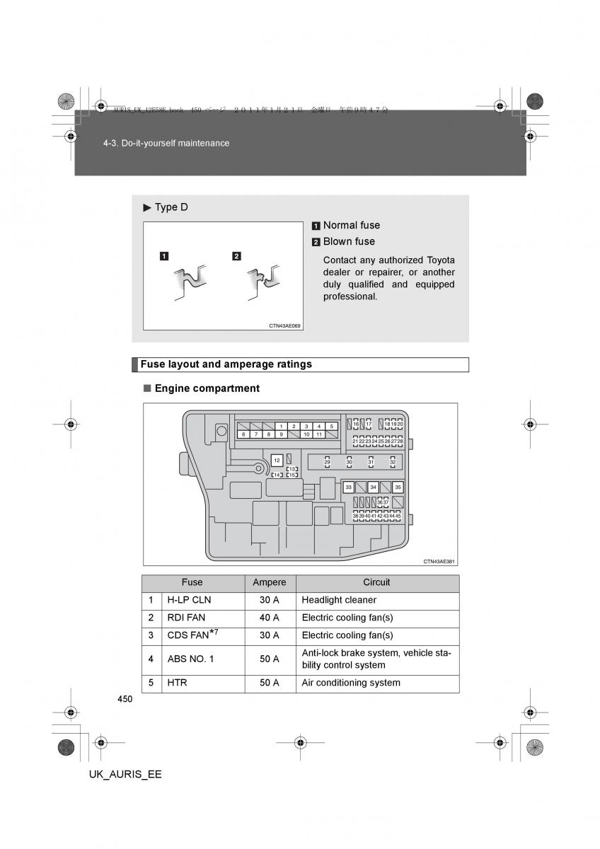 Toyota Auris I 1 owners manual / page 450