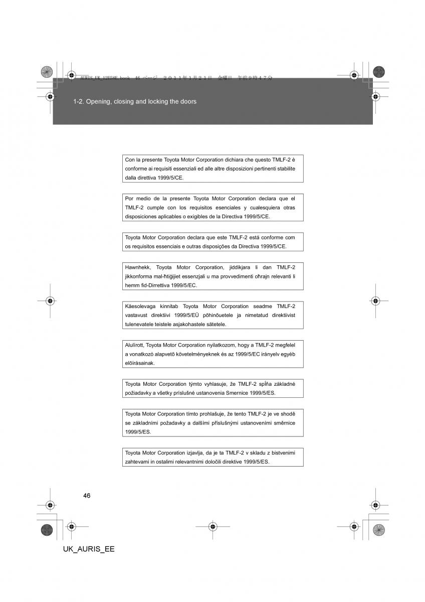 Toyota Auris I 1 owners manual / page 46