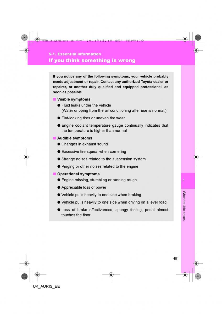 Toyota Auris I 1 owners manual / page 481