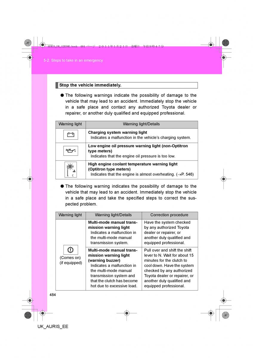 Toyota Auris I 1 owners manual / page 484