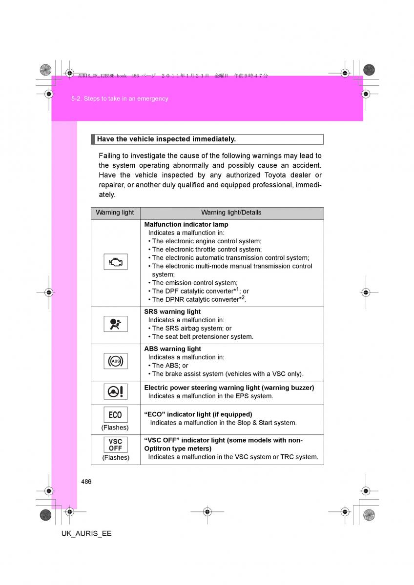 Toyota Auris I 1 owners manual / page 486