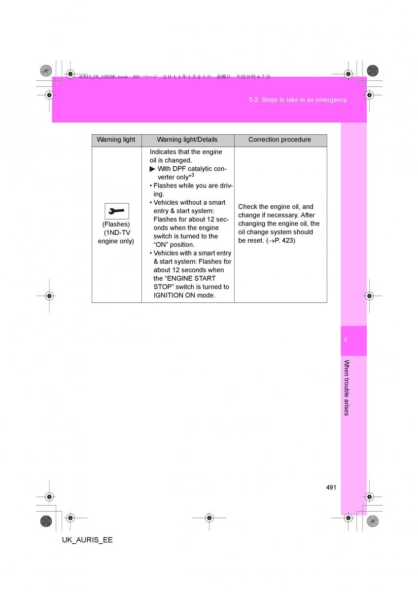 Toyota Auris I 1 owners manual / page 491