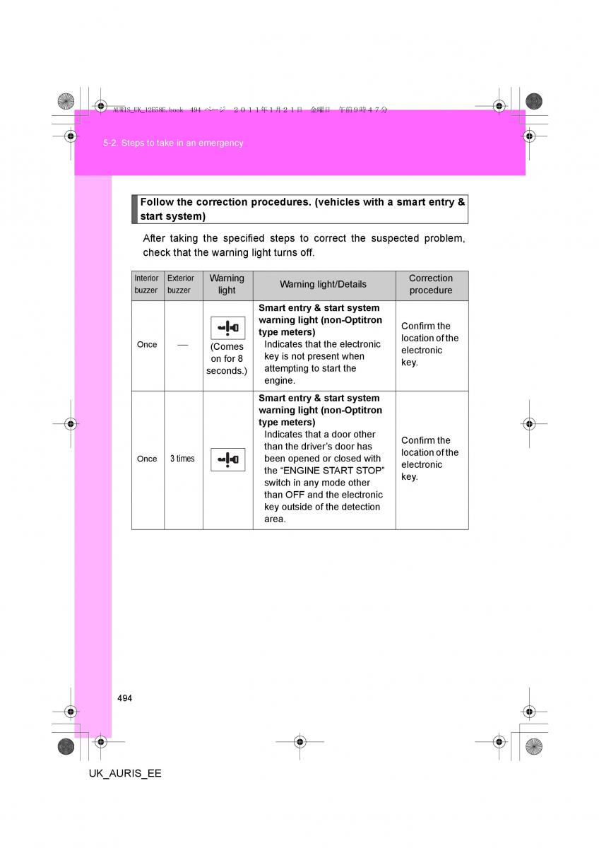 Toyota Auris I 1 owners manual / page 494