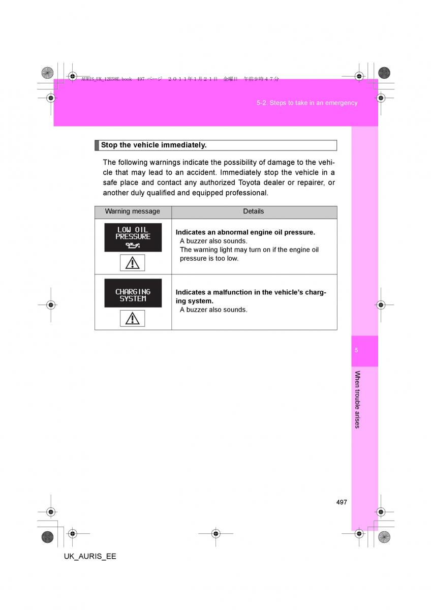 Toyota Auris I 1 owners manual / page 497