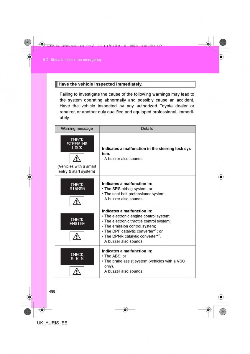 Toyota Auris I 1 owners manual / page 498