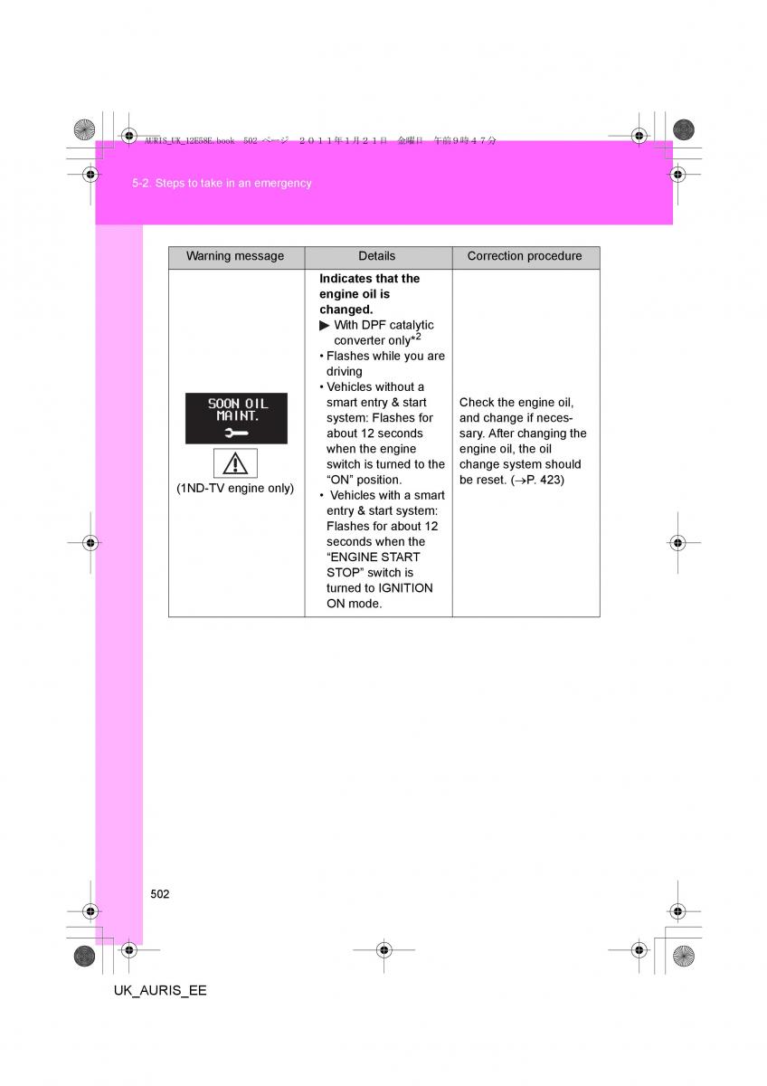 Toyota Auris I 1 owners manual / page 502