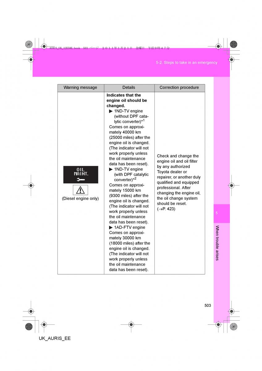 Toyota Auris I 1 owners manual / page 503