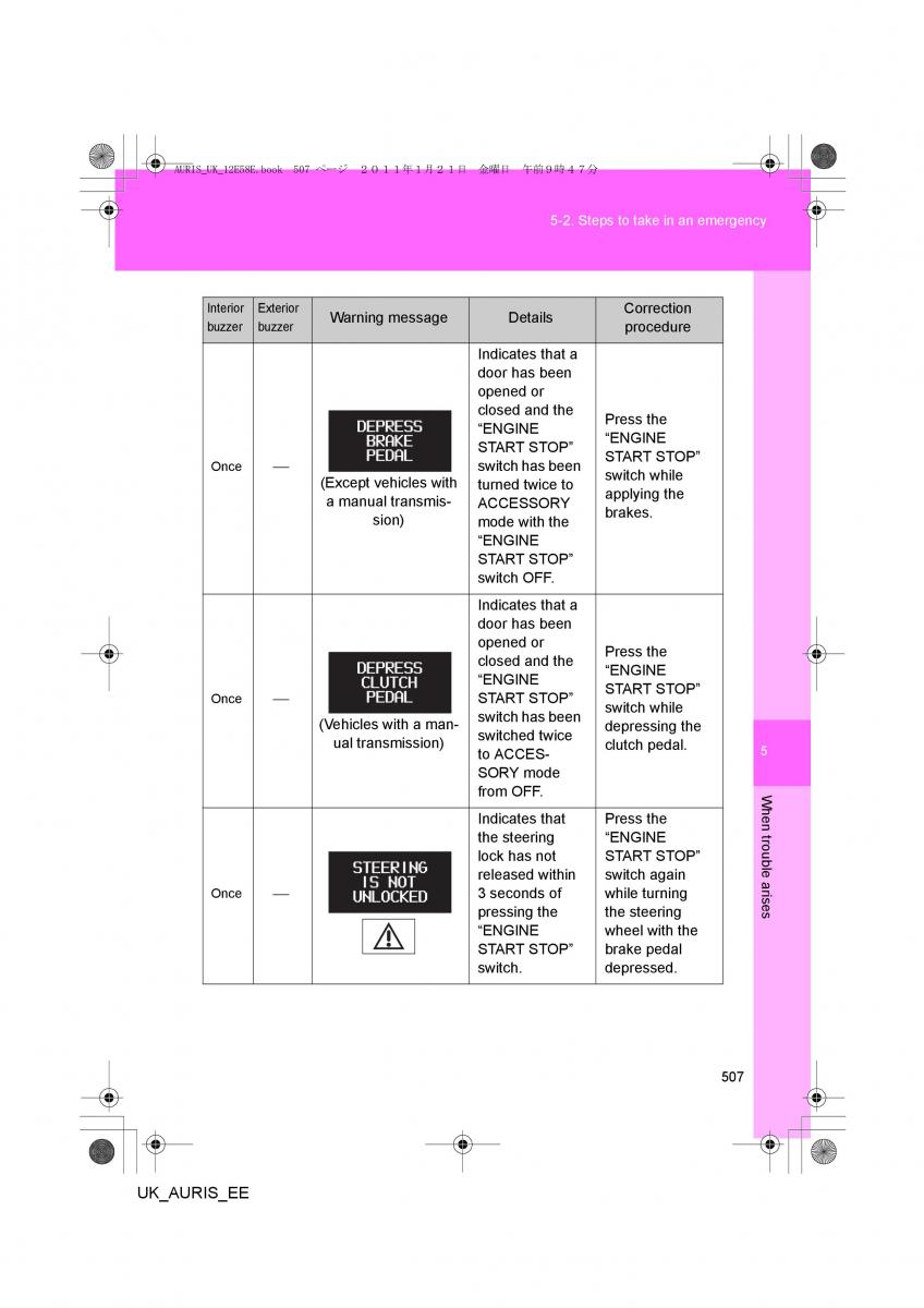 Toyota Auris I 1 owners manual / page 507