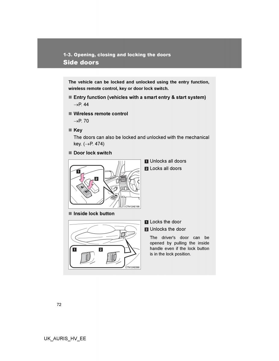 Toyota Auris Hybrid I 1 owners manual / page 72