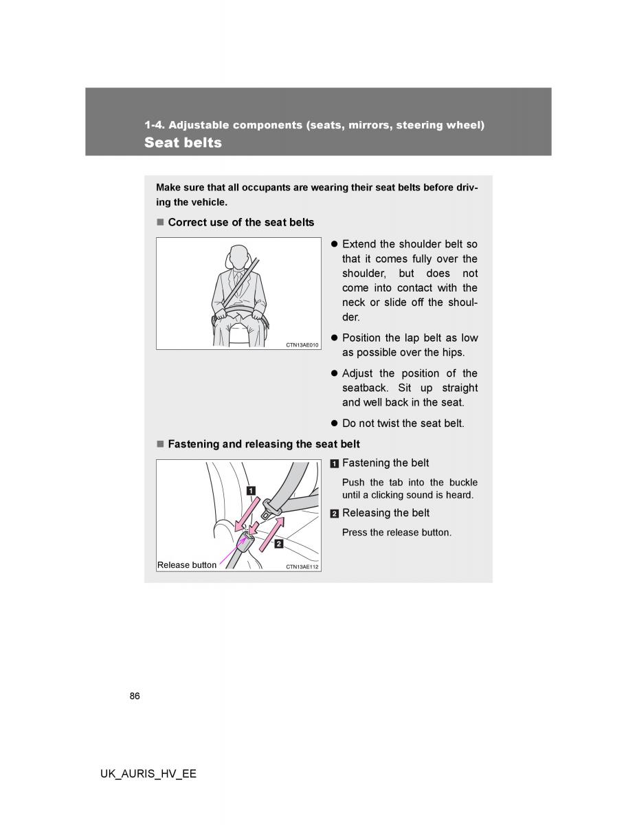 Toyota Auris Hybrid I 1 owners manual / page 86