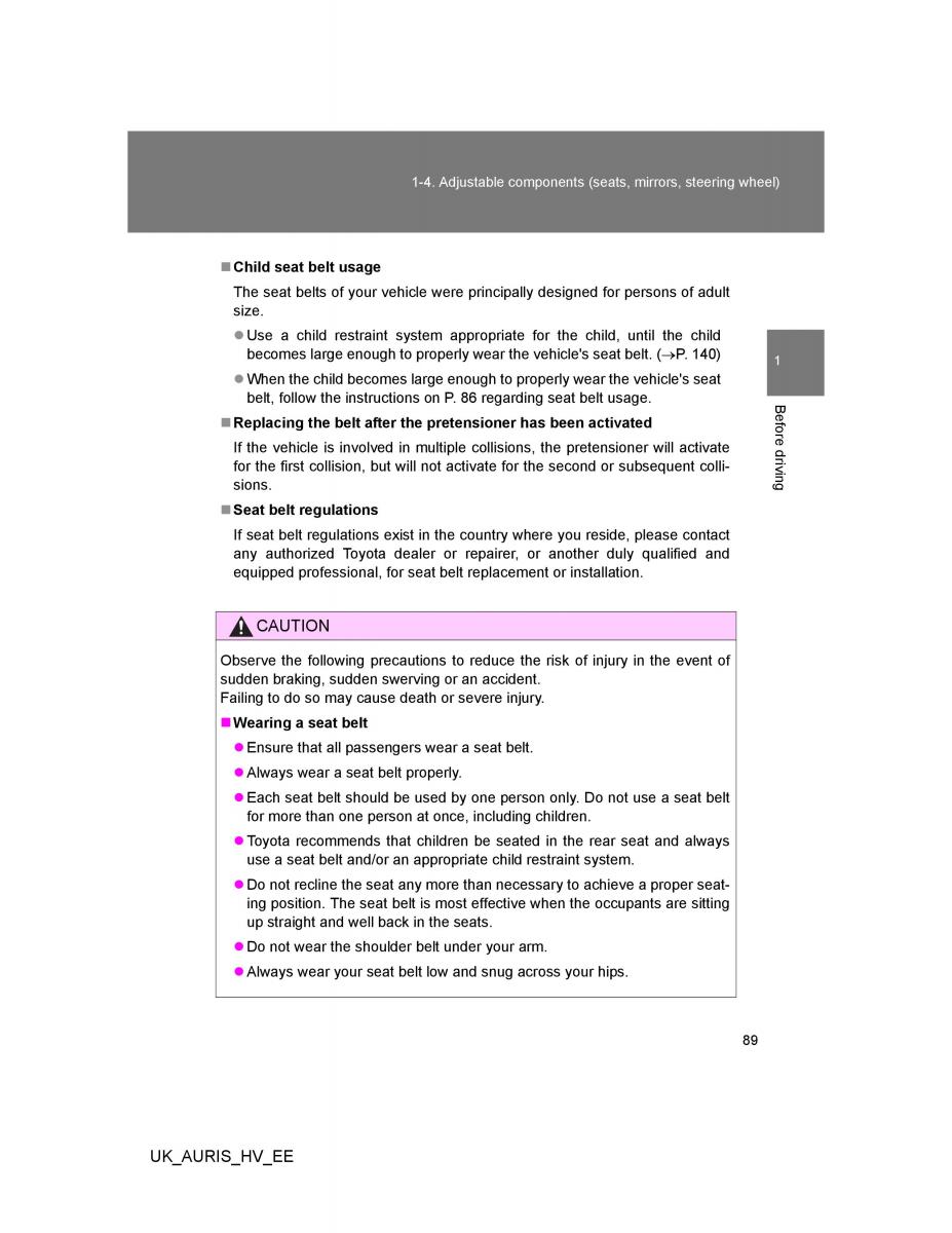 Toyota Auris Hybrid I 1 owners manual / page 89