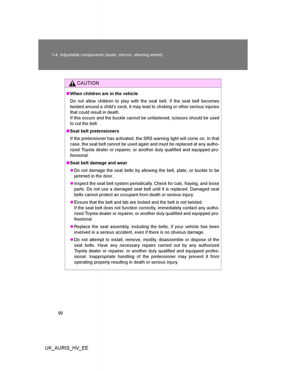 Toyota Auris Hybrid I 1 owners manual / page 90