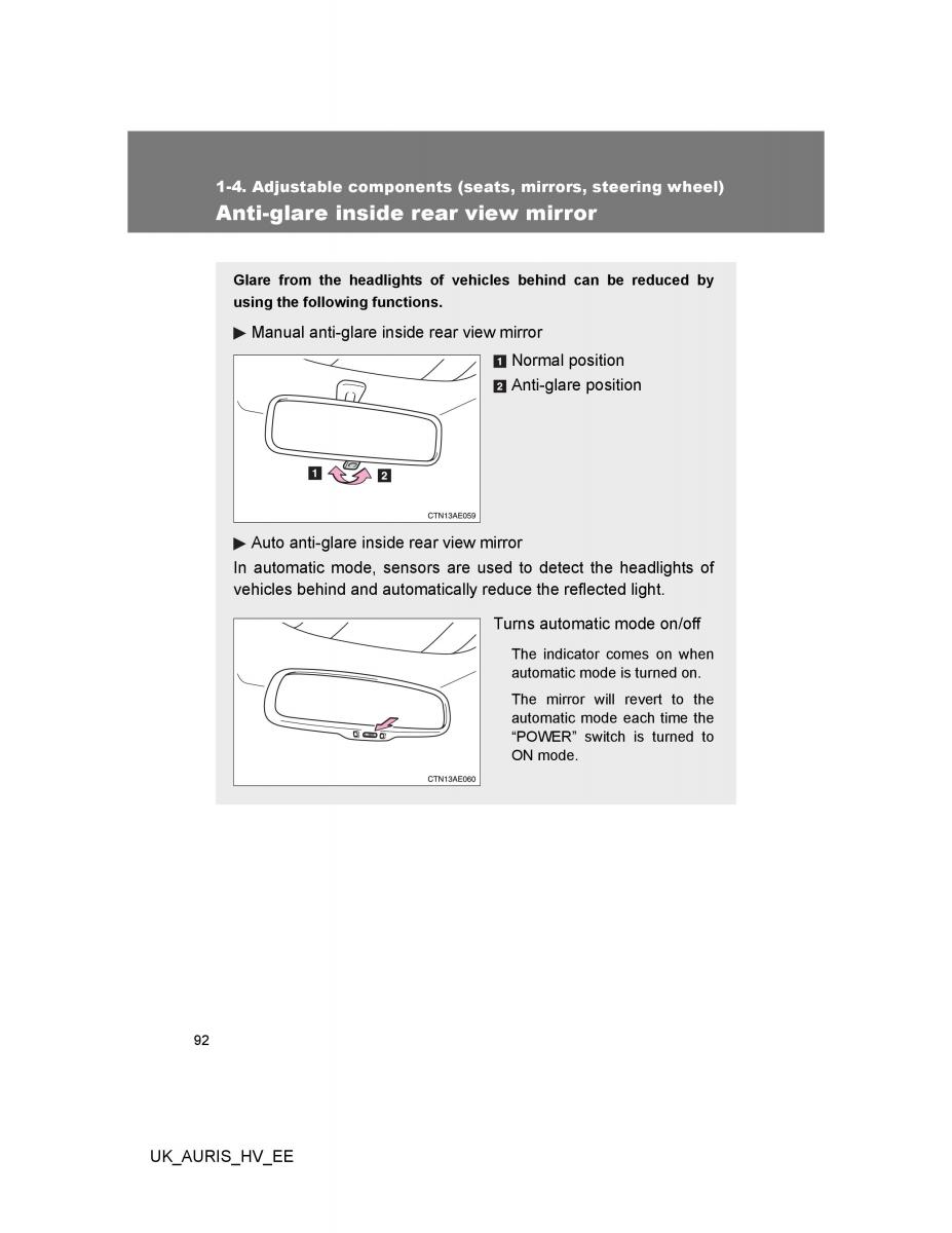 Toyota Auris Hybrid I 1 owners manual / page 92