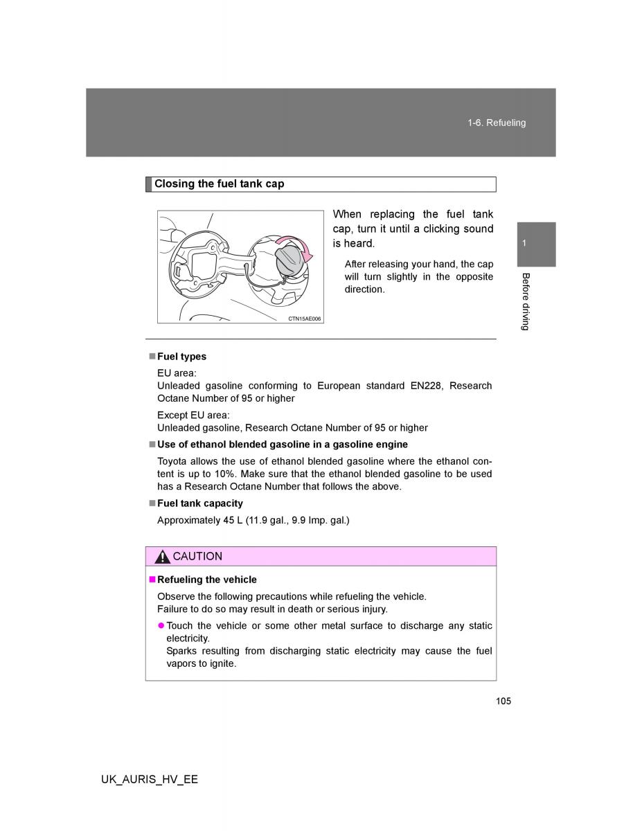 Toyota Auris Hybrid I 1 owners manual / page 105