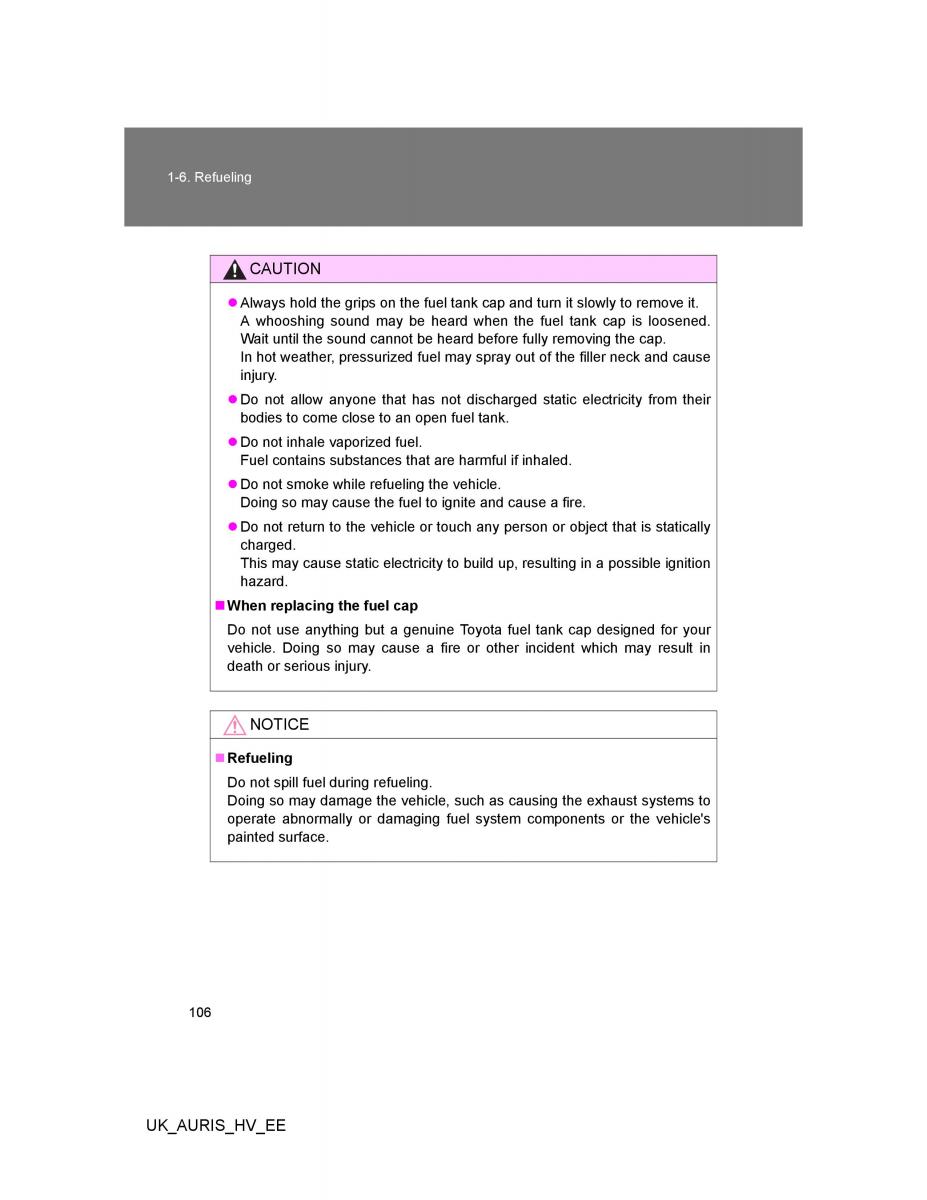 Toyota Auris Hybrid I 1 owners manual / page 106