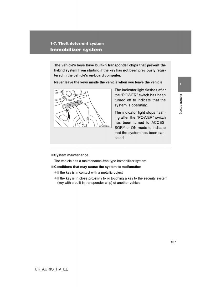 Toyota Auris Hybrid I 1 owners manual / page 107