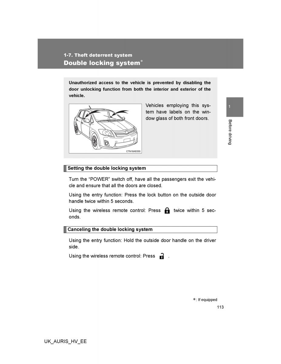 Toyota Auris Hybrid I 1 owners manual / page 113