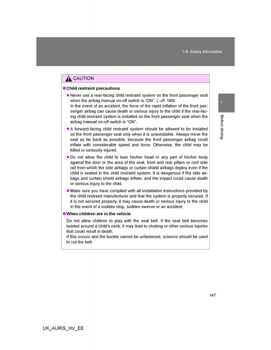 Toyota Auris Hybrid I 1 owners manual / page 147