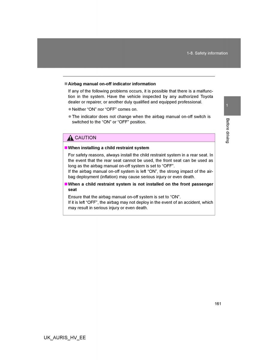 Toyota Auris Hybrid I 1 owners manual / page 161