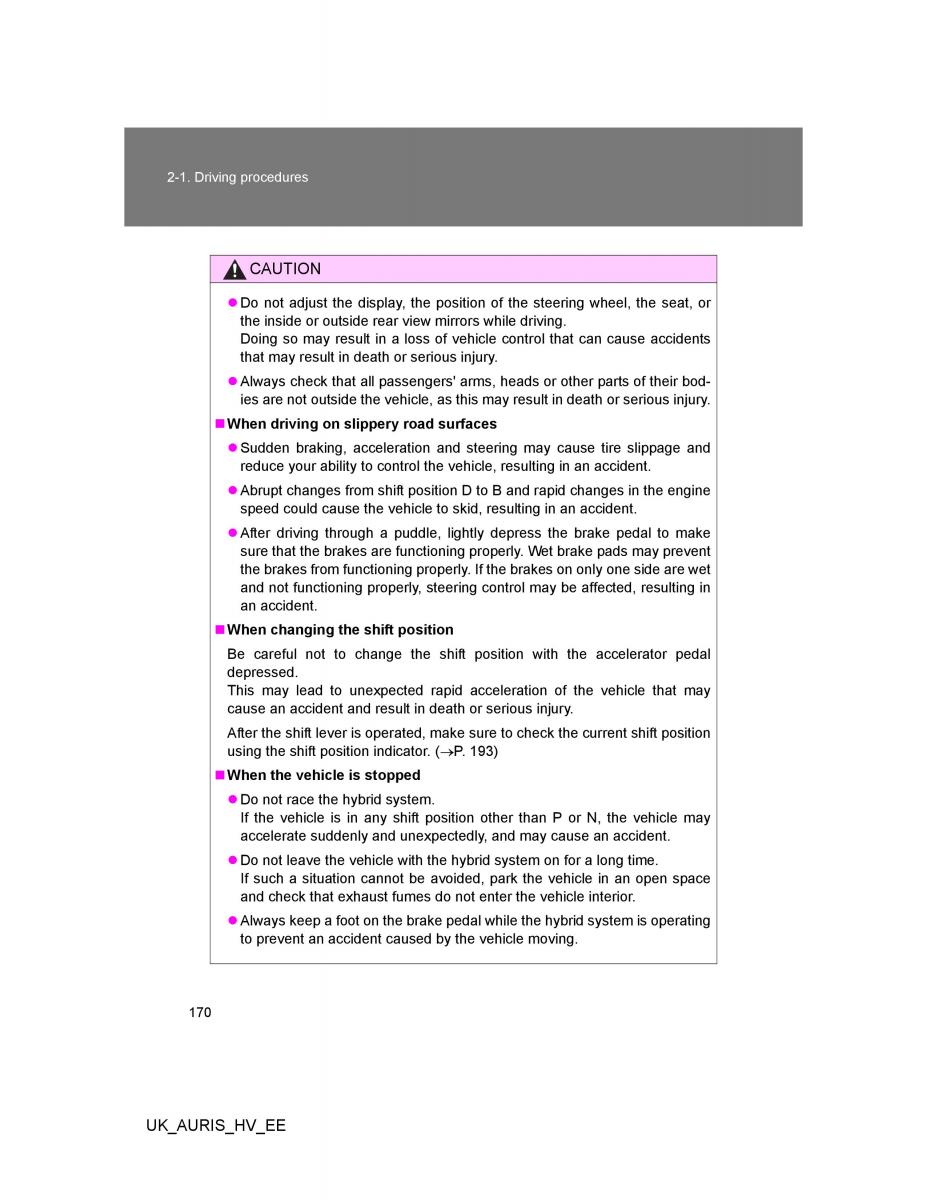 Toyota Auris Hybrid I 1 owners manual / page 170