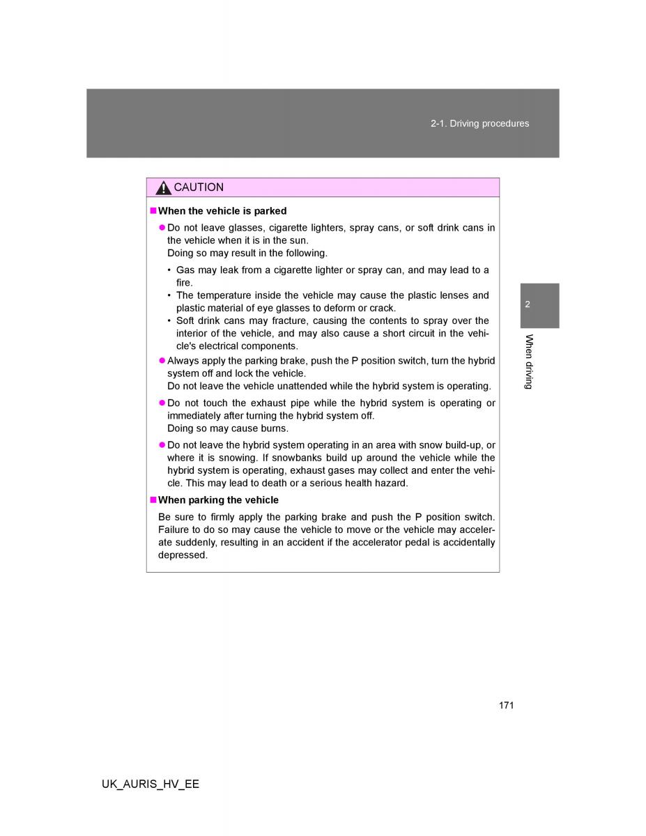 Toyota Auris Hybrid I 1 owners manual / page 171