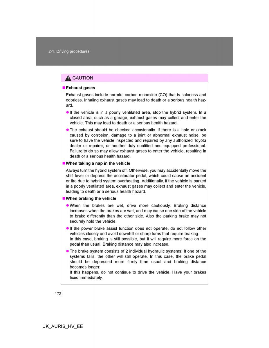 Toyota Auris Hybrid I 1 owners manual / page 172