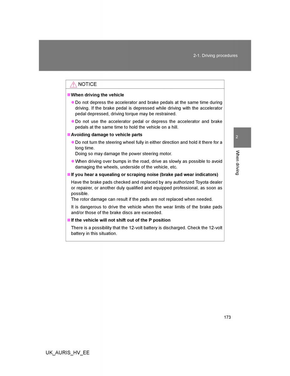 Toyota Auris Hybrid I 1 owners manual / page 173