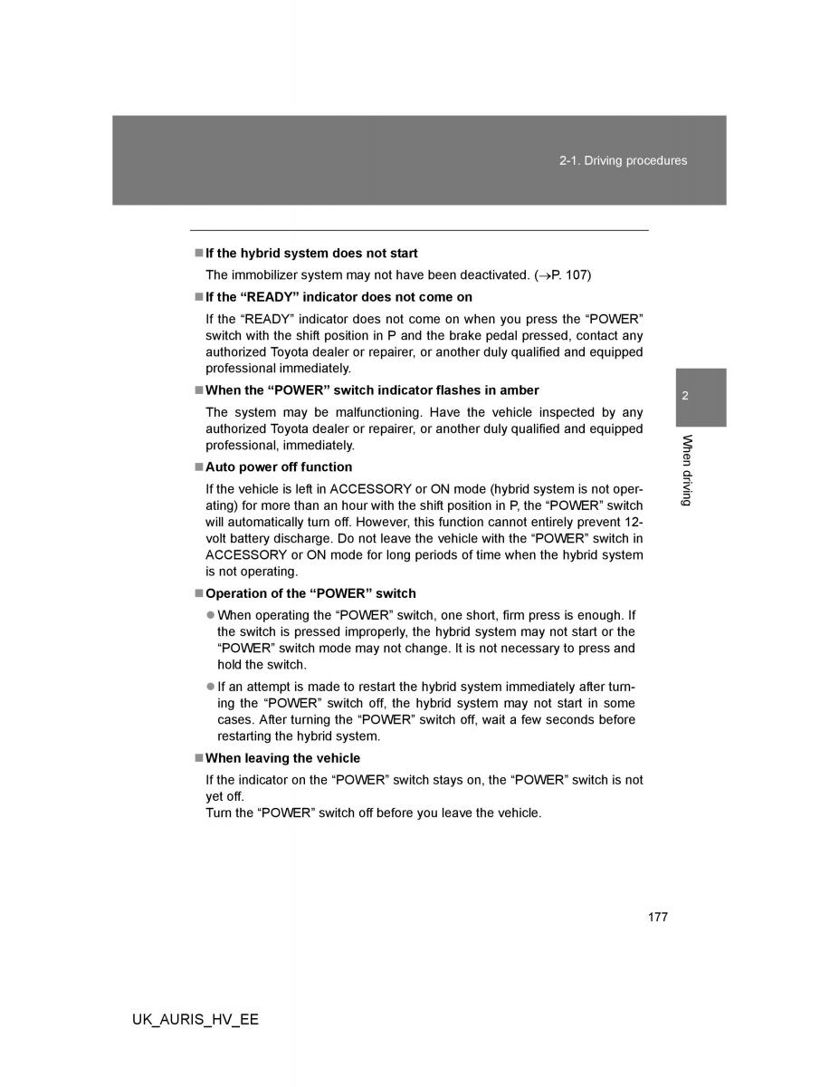 Toyota Auris Hybrid I 1 owners manual / page 177