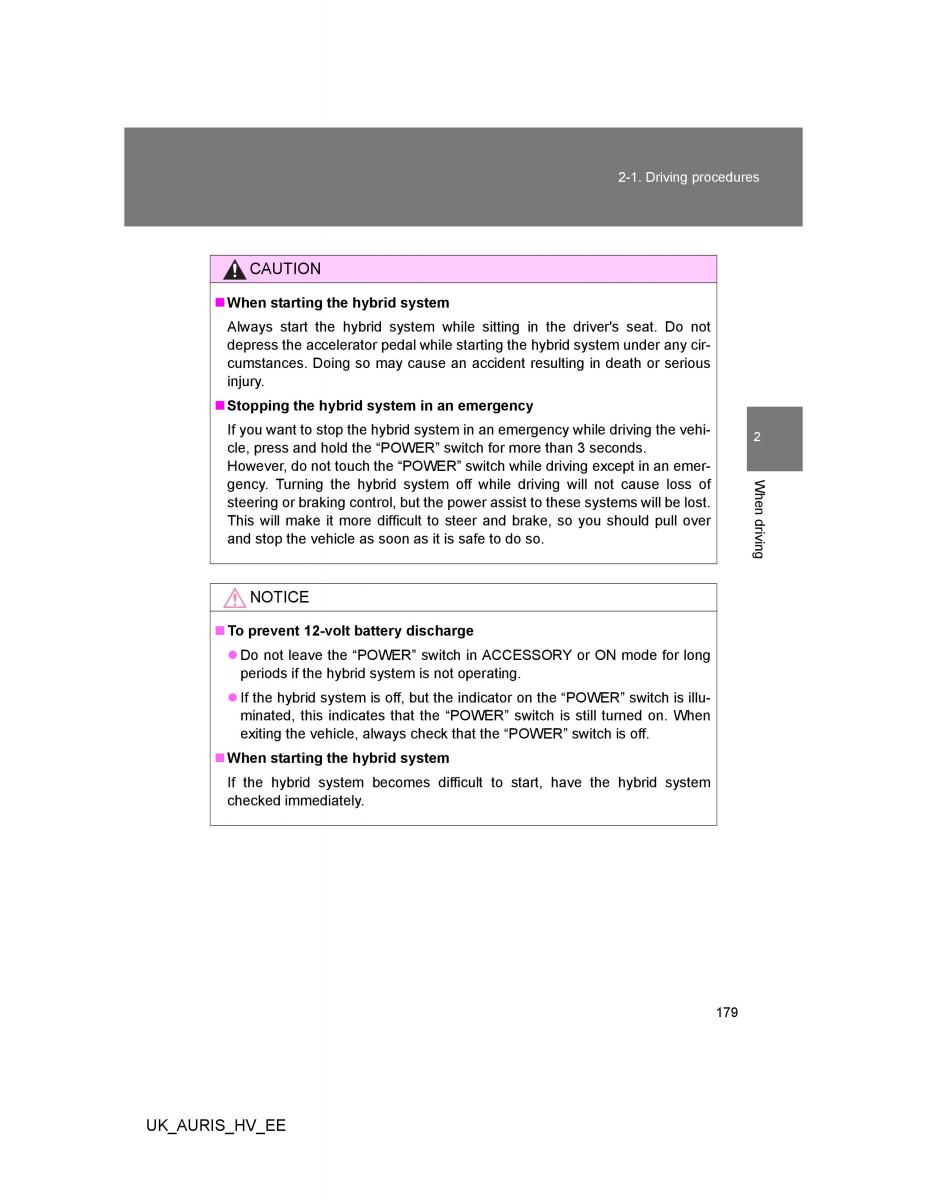 Toyota Auris Hybrid I 1 owners manual / page 179