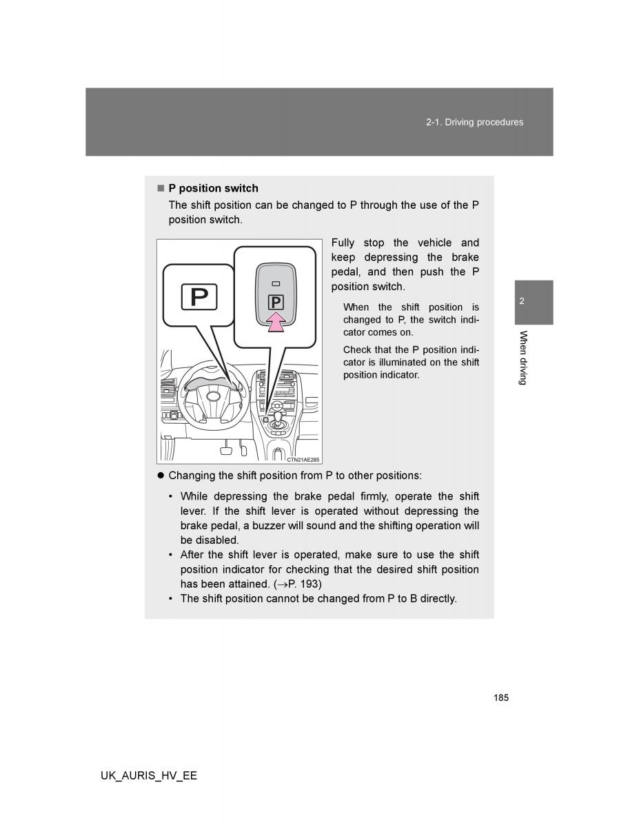 Toyota Auris Hybrid I 1 owners manual / page 185