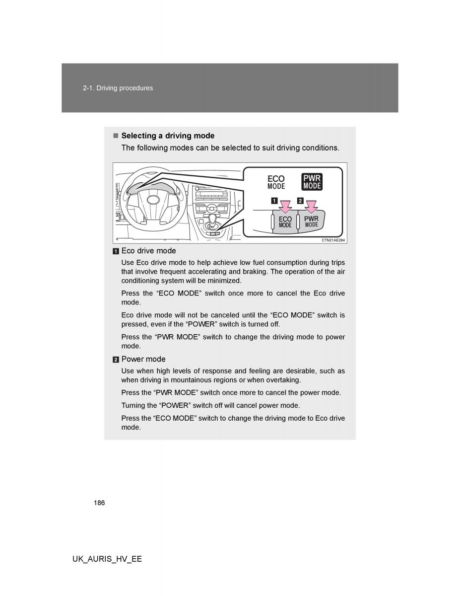 Toyota Auris Hybrid I 1 owners manual / page 186