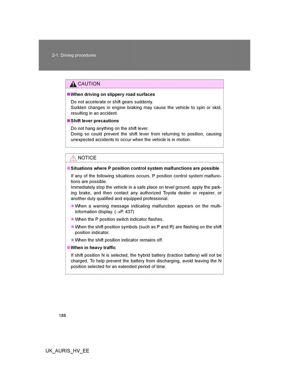 Toyota Auris Hybrid I 1 owners manual / page 188