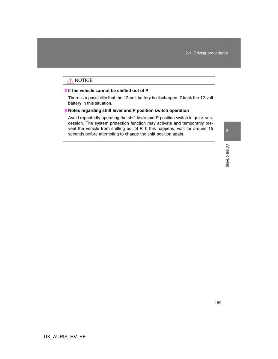 Toyota Auris Hybrid I 1 owners manual / page 189