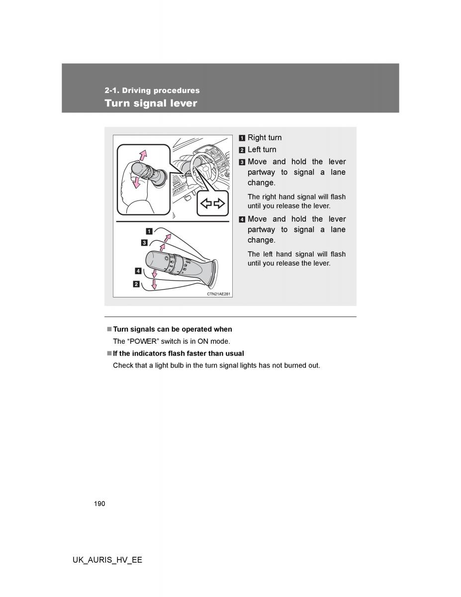 Toyota Auris Hybrid I 1 owners manual / page 190