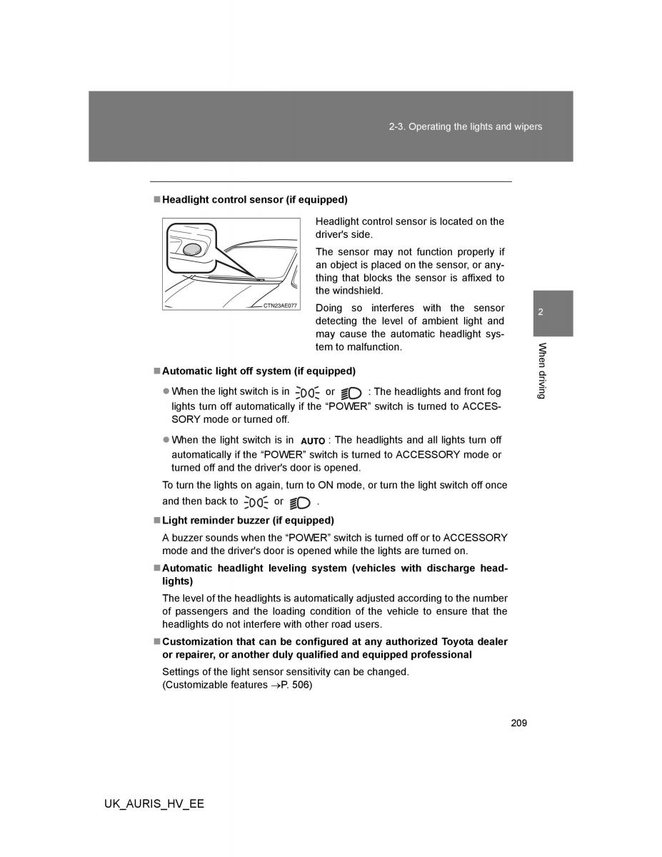 Toyota Auris Hybrid I 1 owners manual / page 209