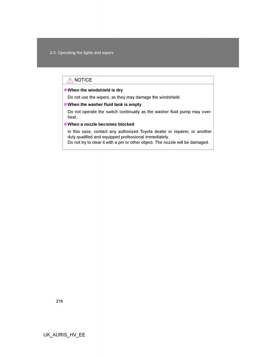 Toyota Auris Hybrid I 1 owners manual / page 216