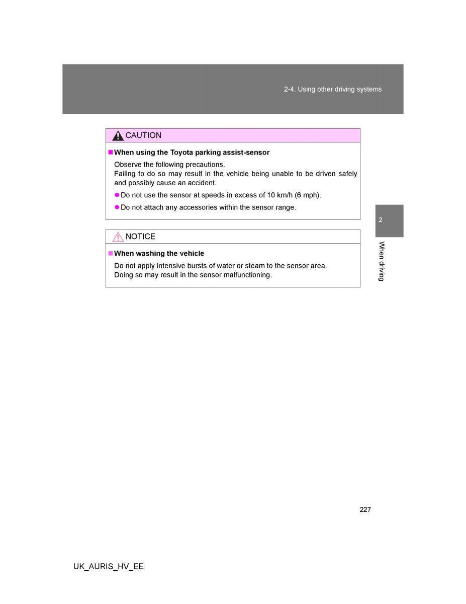 Toyota Auris Hybrid I 1 owners manual / page 227