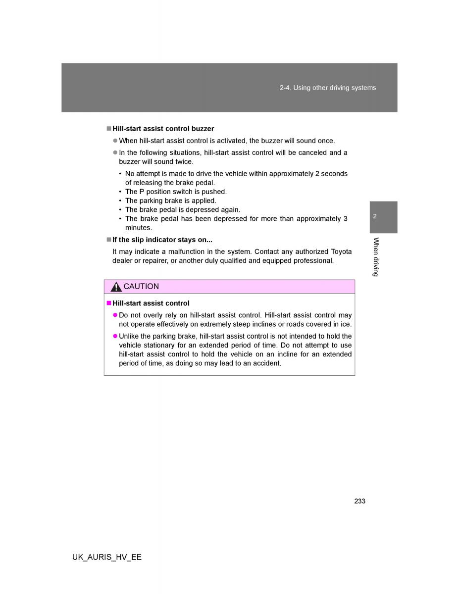 Toyota Auris Hybrid I 1 owners manual / page 233