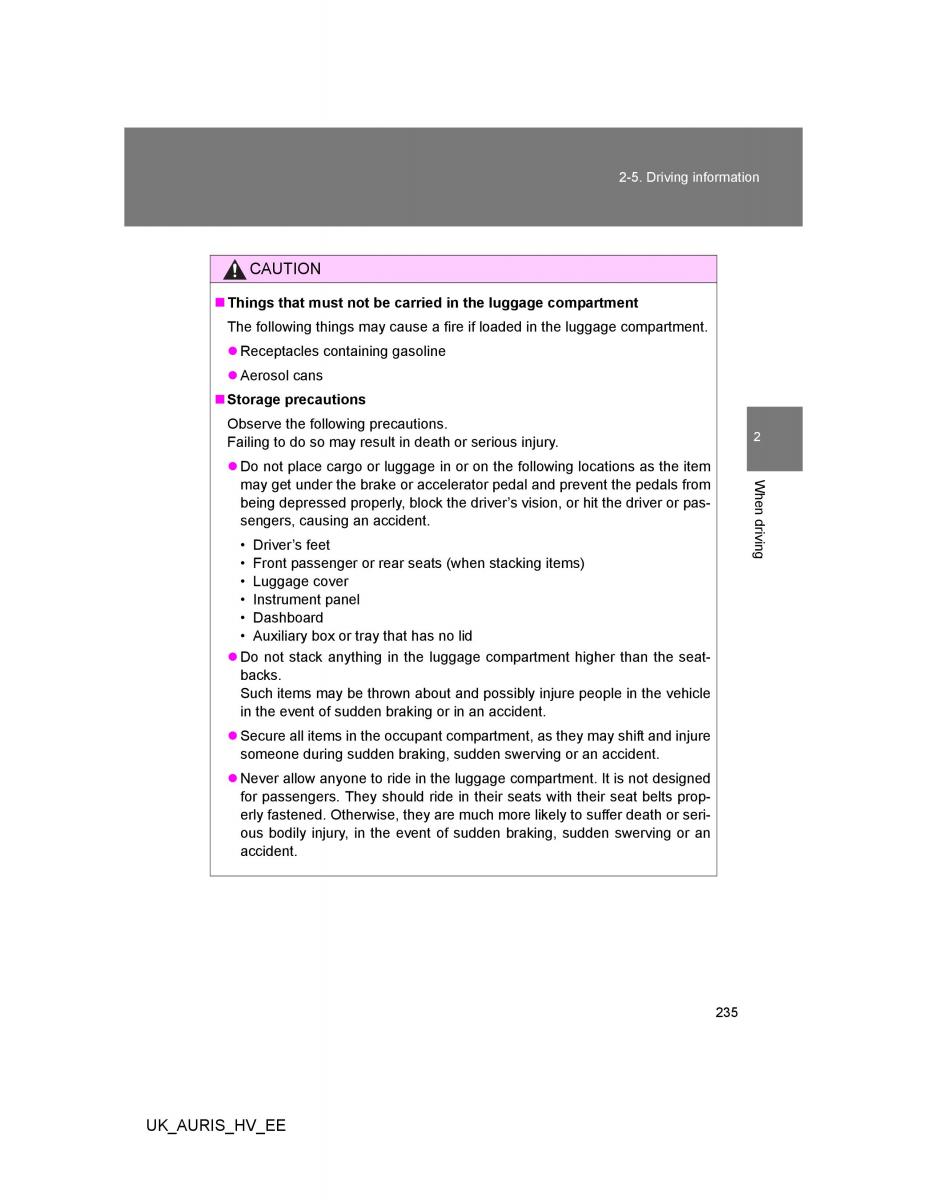 Toyota Auris Hybrid I 1 owners manual / page 235