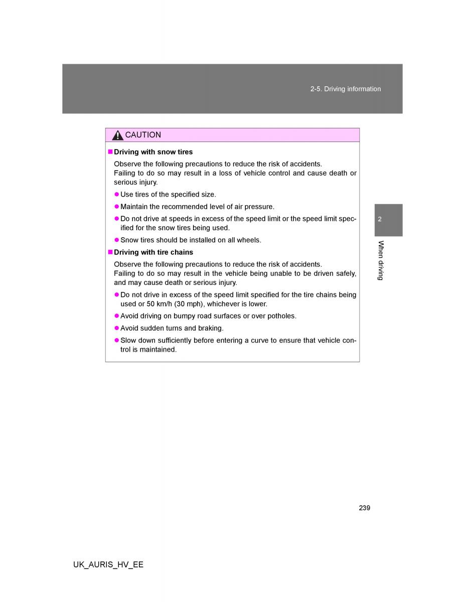 Toyota Auris Hybrid I 1 owners manual / page 239