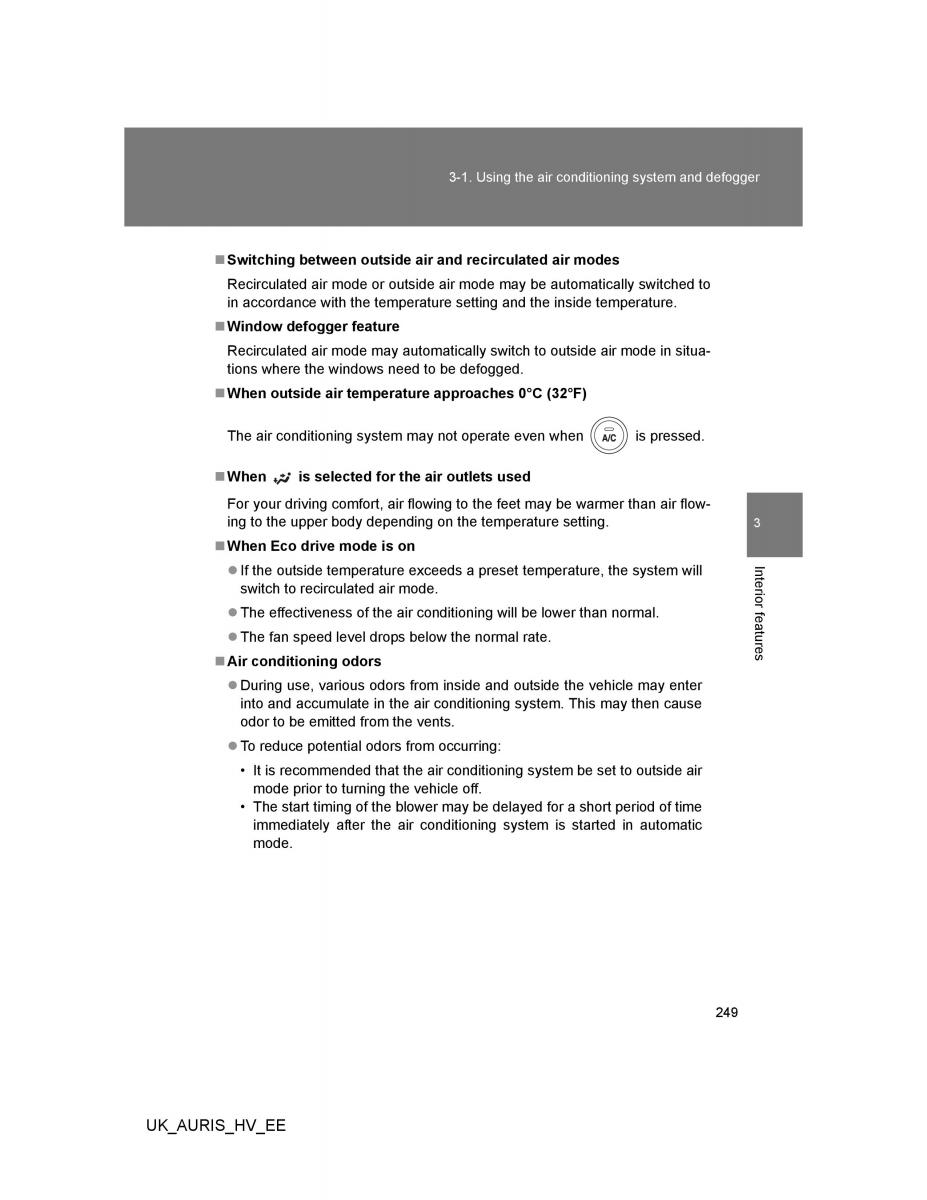 Toyota Auris Hybrid I 1 owners manual / page 249