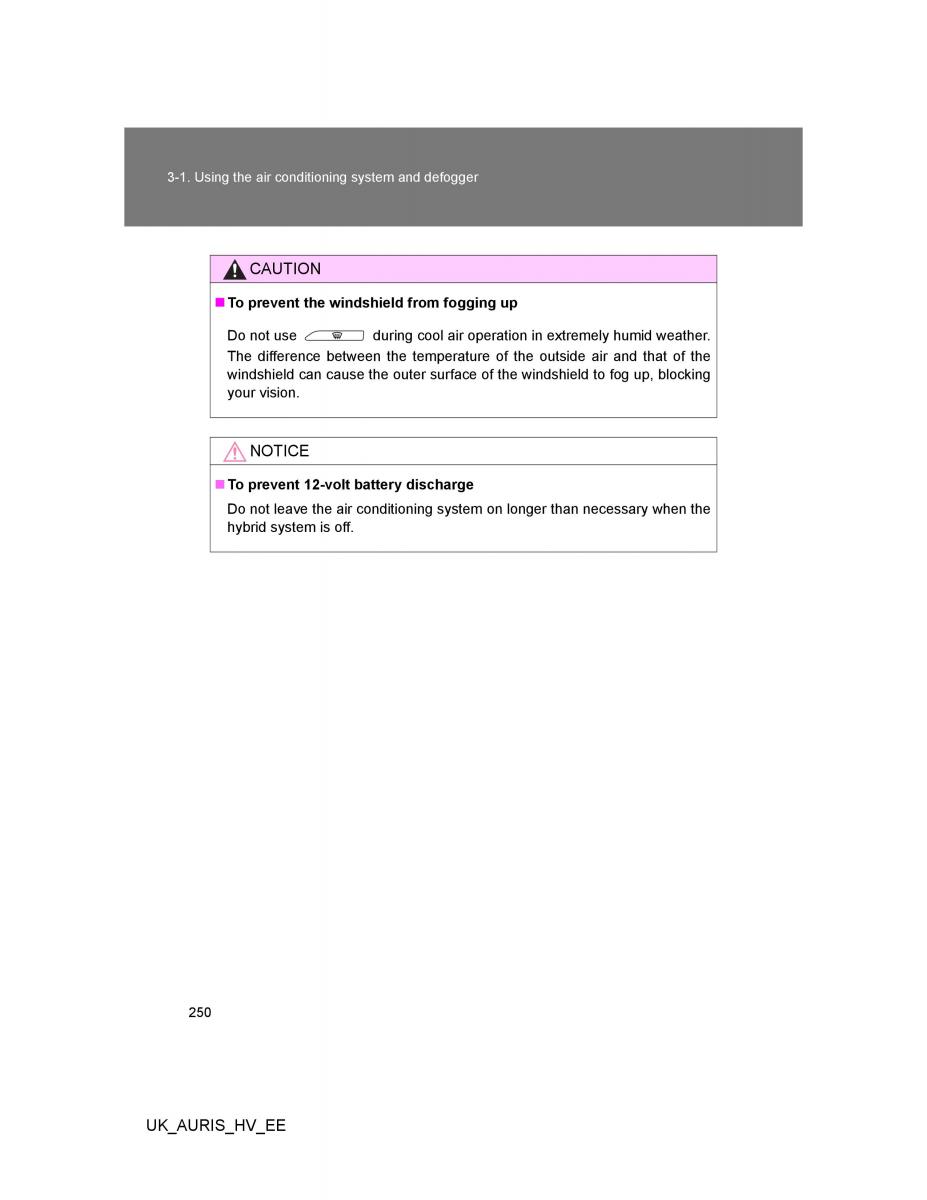 Toyota Auris Hybrid I 1 owners manual / page 250