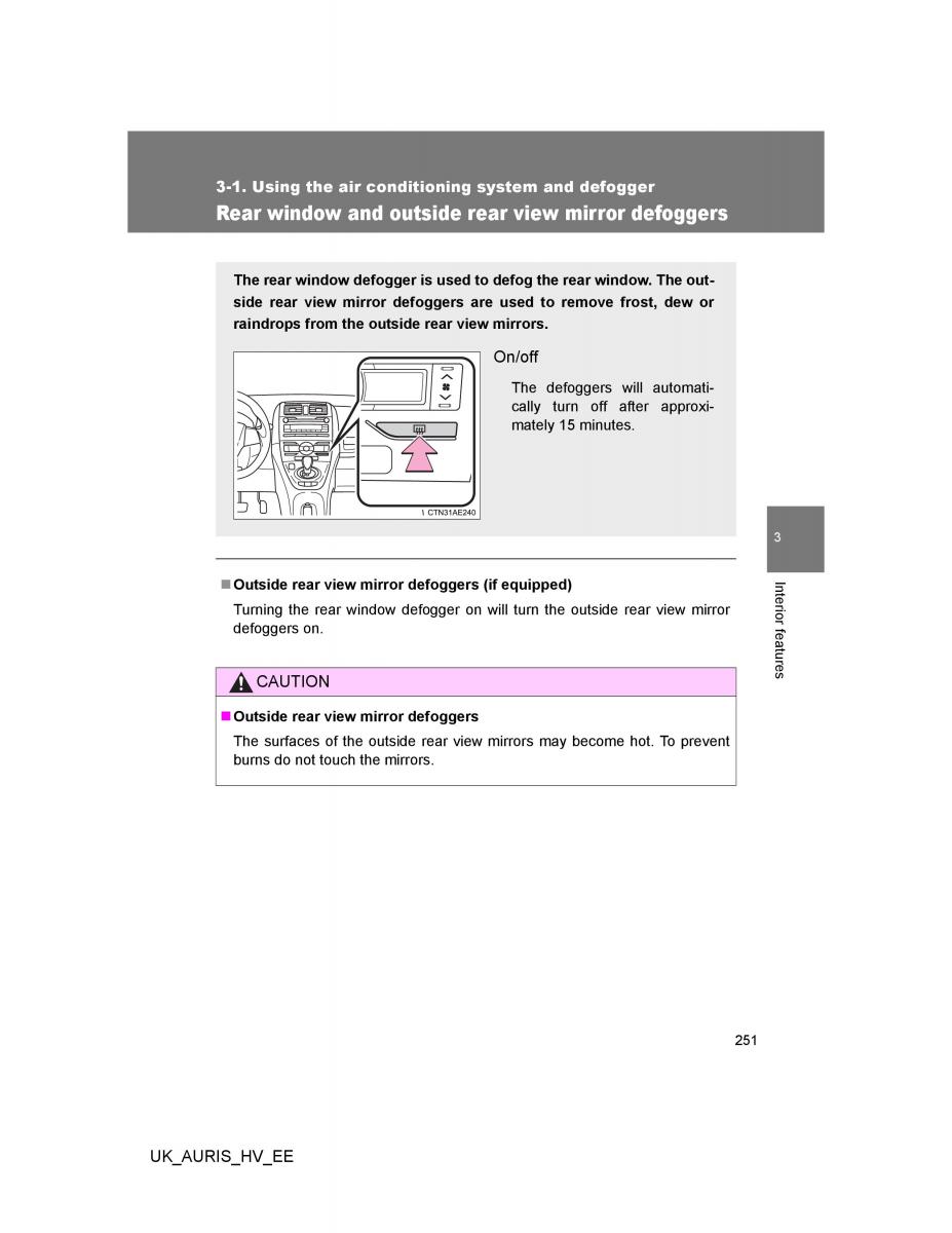 Toyota Auris Hybrid I 1 owners manual / page 251