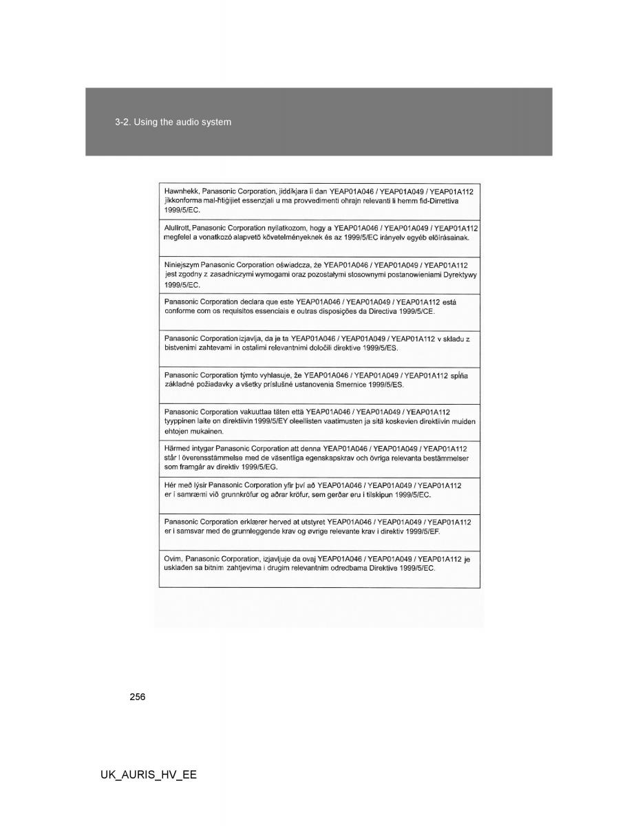 Toyota Auris Hybrid I 1 owners manual / page 256