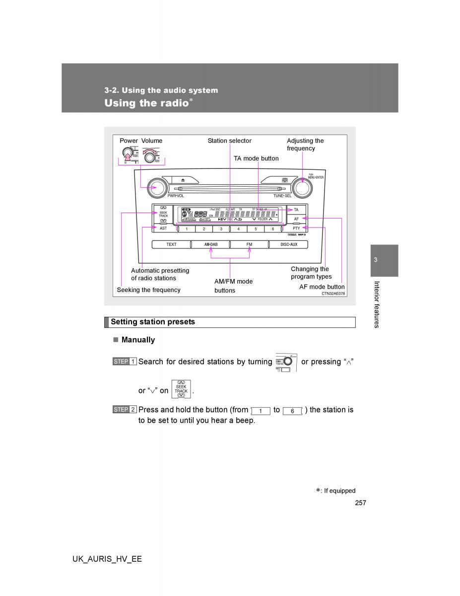 Toyota Auris Hybrid I 1 owners manual / page 257